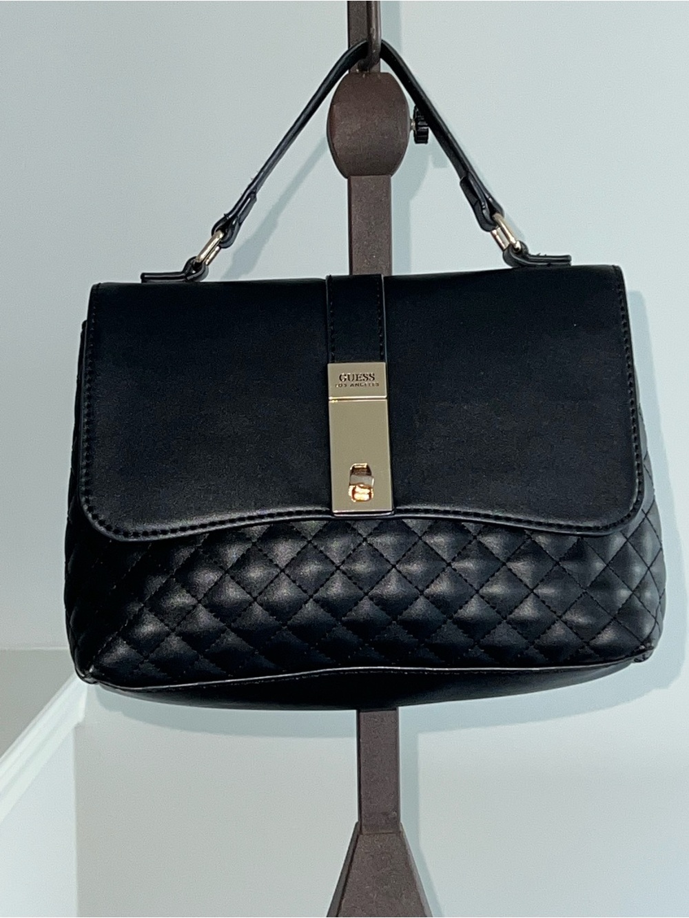 GUESS Los Angeles Black Quilted Top Handle Shoulder Bag Satchel Gold Hardware